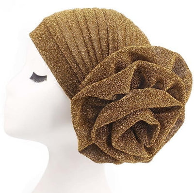 Sparkly Chemo Turban w-Oversized Flower Deco, Vintage Pleated Turban, Retro Turbans for Women, Alopecia Cap, Hair Loss