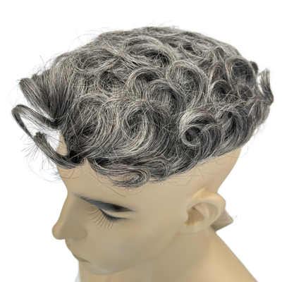 Free Parting Gray Mix Toupee for Men Brush Back Hair System for Male, Hand-tied